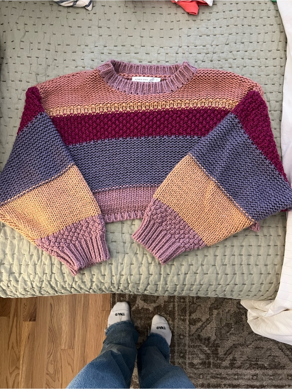 Altar'd State Cropped Colorblock Crewneck Sweater - Mauve, Plum, Lavender, Peach